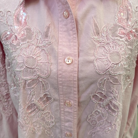 The Quacker Factory Shirt Floral Button Size M Soft Pink Sequin Embroidery Beads - Picture 11 of 15